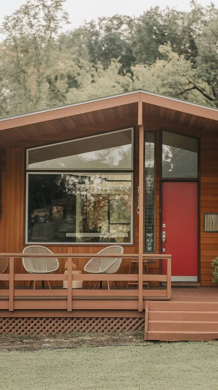 Mid-century modern dreams are made of this: A classic wood facade, a welcoming red door, and a porch perfect for quiet contemplation. The surrounding landscape only enhances the timeless appeal of this architectural gem. A true testament to simple elegance and enduring design.