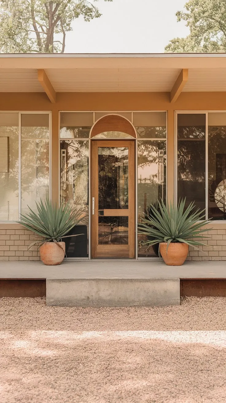 Architectural perfection. The gentle curve of the front door, the expansive windows offering a glimpse into a life well-lived, and the subtle textural contrast of the pebble garden against the warm beige walls-this home is a study in understated elegance and A mid-century modern masterpiece.
