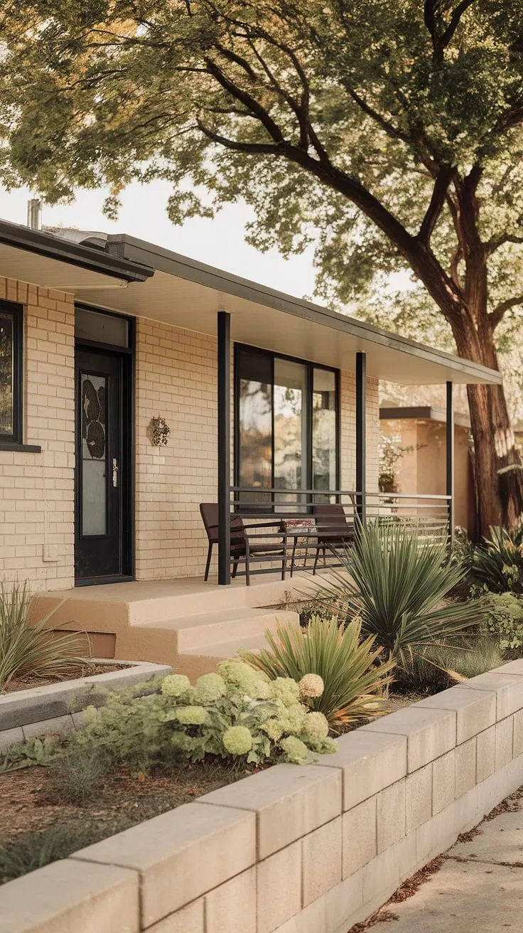 This mid-century modern home, with its understated elegance and thoughtful landscaping, perfectly embodies the era's clean lines and connection to nature. The beige exterior, accented by black details, creates a timeless appeal, while the inviting porch offers a peaceful retreat. A testament to classic design and enduring style.