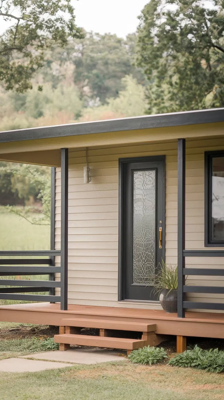 Step back in time and into this mid-century modern dream. The clean lines, the black accents against the warm beige, and that perfectly placed potted plant-it's a timeless design that effortlessly blends indoor comfort with the surrounding natural beauty. A true testament to classic architecture.