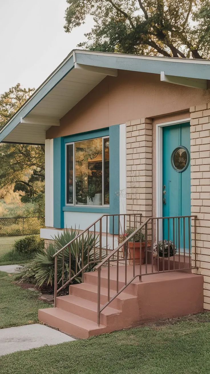 Step into a world of mid-century charm where muted tones meet vibrant pops of color. This tranquil home, nestled amongst lush greenery, invites you to unwind and embrace the simple pleasures of life. The turquoise door, a cheerful beacon, promises adventures within.
