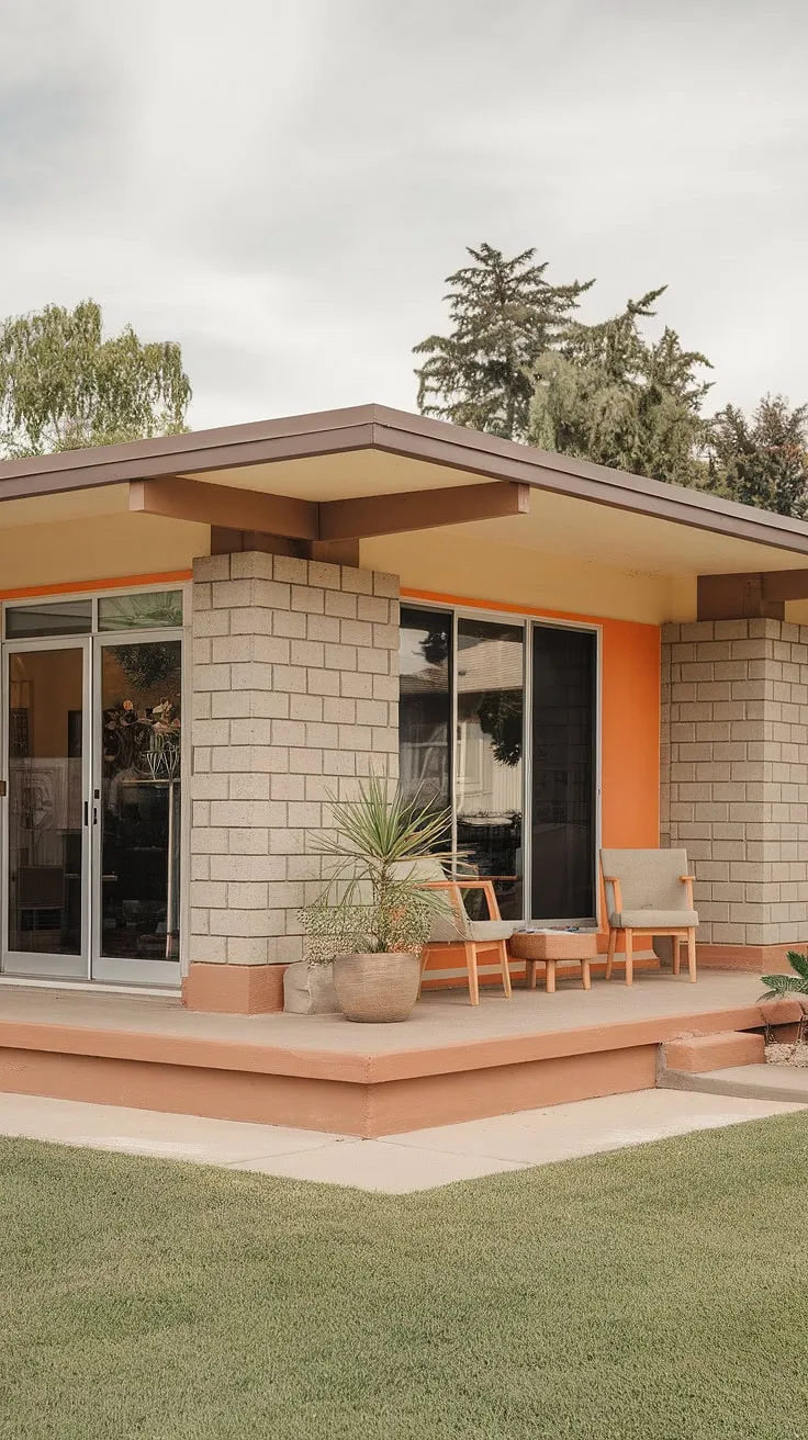 The clean lines of this mid-century modern home speak volumes. Its concrete block facade, painted in a sophisticated beige and orange, is both striking and inviting. The spacious porch, a perfect spot for quiet contemplation, is a testament to the thoughtful design. A true architectural gem, this house embodies timeless elegance and effortless style.
