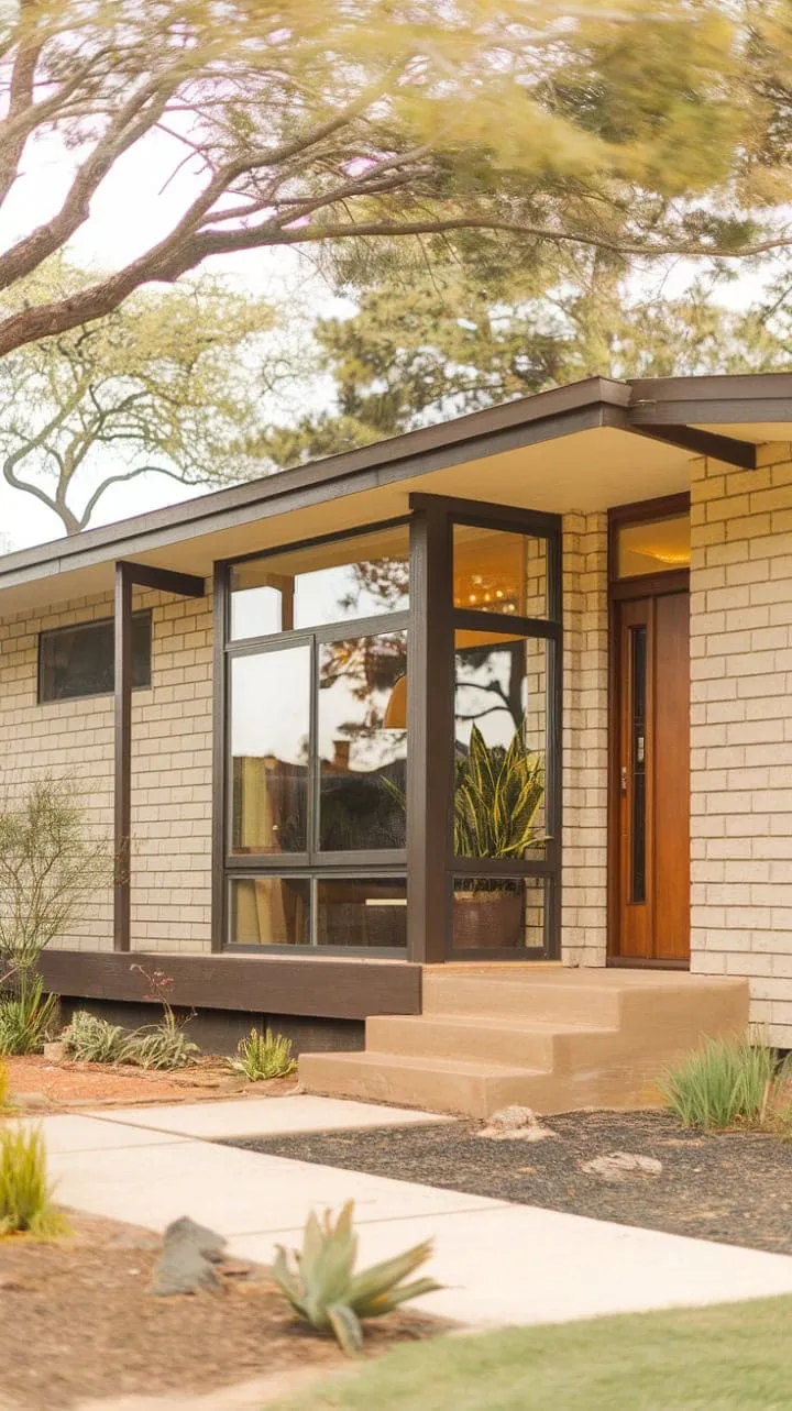This mid-century modern sanctuary harmoniously blends understated elegance with classic design, featuring a serene porch and expansive glass windows that invite tranquility.