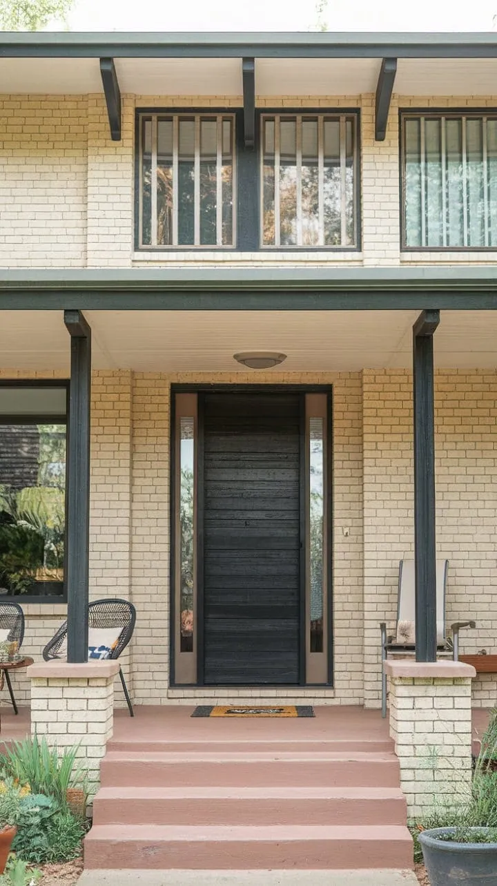 This charming beige home, adorned with a bold black door and vertical windows, invites you to unwind in its serene embrace, echoing tales of a nostalgic past.