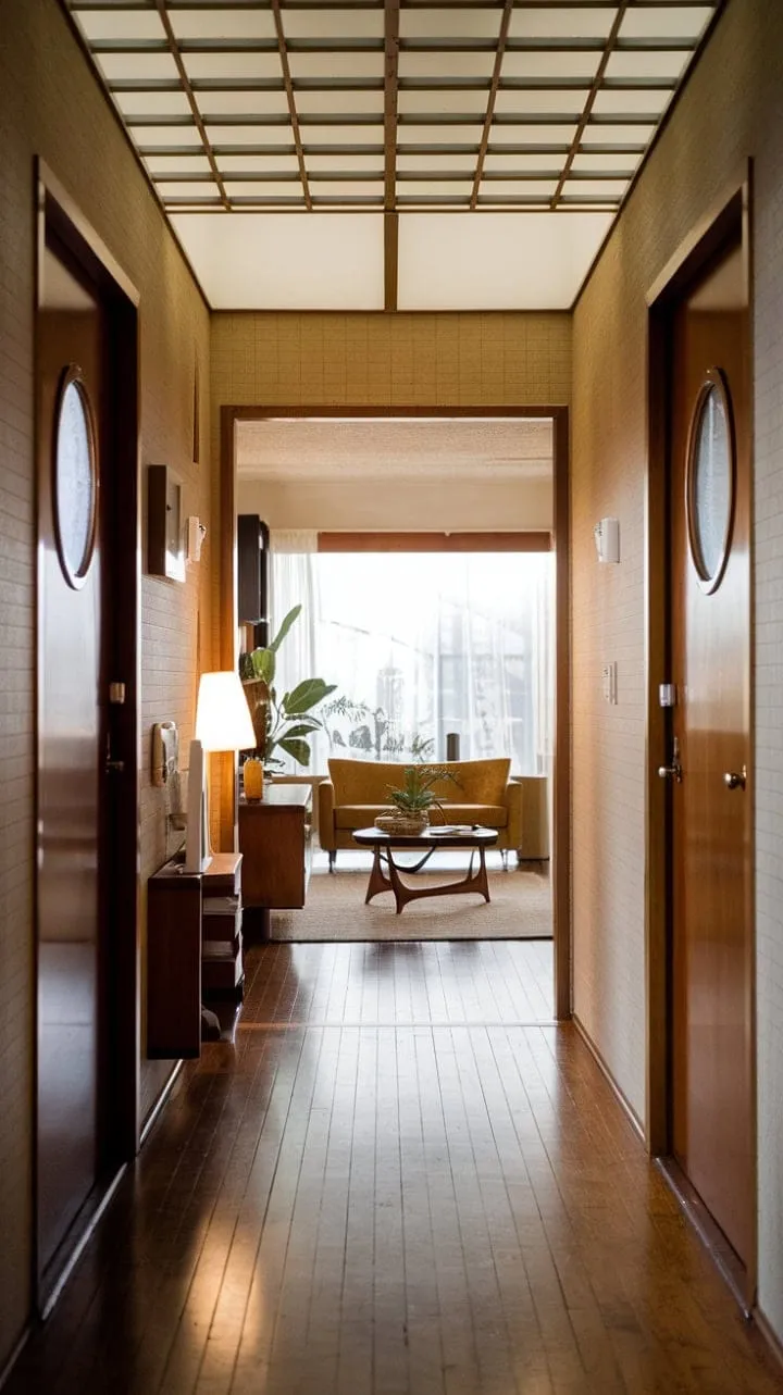 In a mid-century modern haven, soft light dances on smooth wooden floors, revealing a harmonious blend of architectural elegance and cozy comfort.