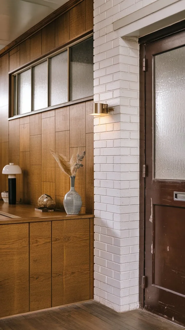 In this mid-century haven, the captivating interplay of smooth wood, rough brick, and frosted glass weaves a tapestry of quiet sophistication that celebrates the harmony of history and design.