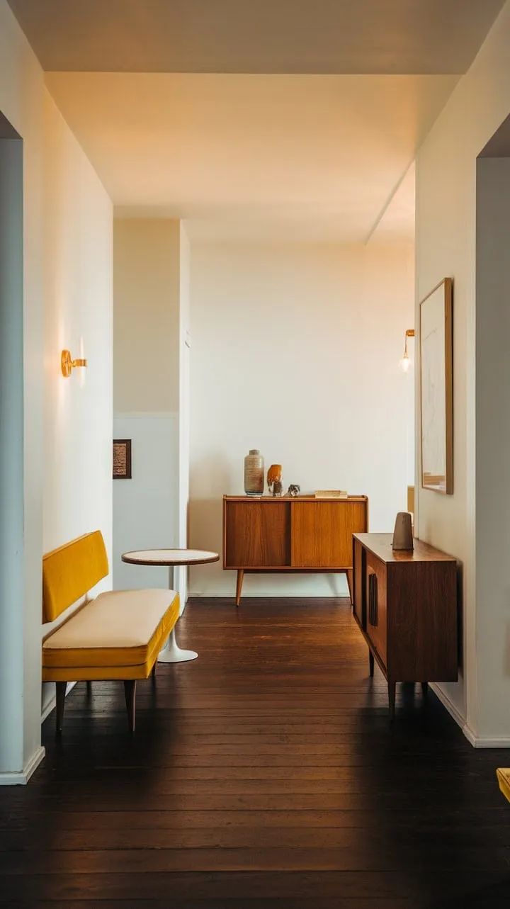 This mid-century modern hallway exudes quiet sophistication, blending clean lines and gentle curves with a vibrant yellow bench and warm lighting for an elegant yet inviting atmosphere.