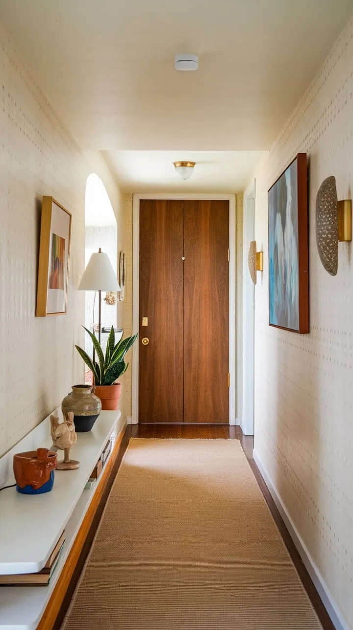 In this serene space, warm beige walls and a mid-century modern lamp invite you to explore a hallway that whispers the elegance of a bygone era, while a simple shelf brimming with cherished objects adds a personal touch.