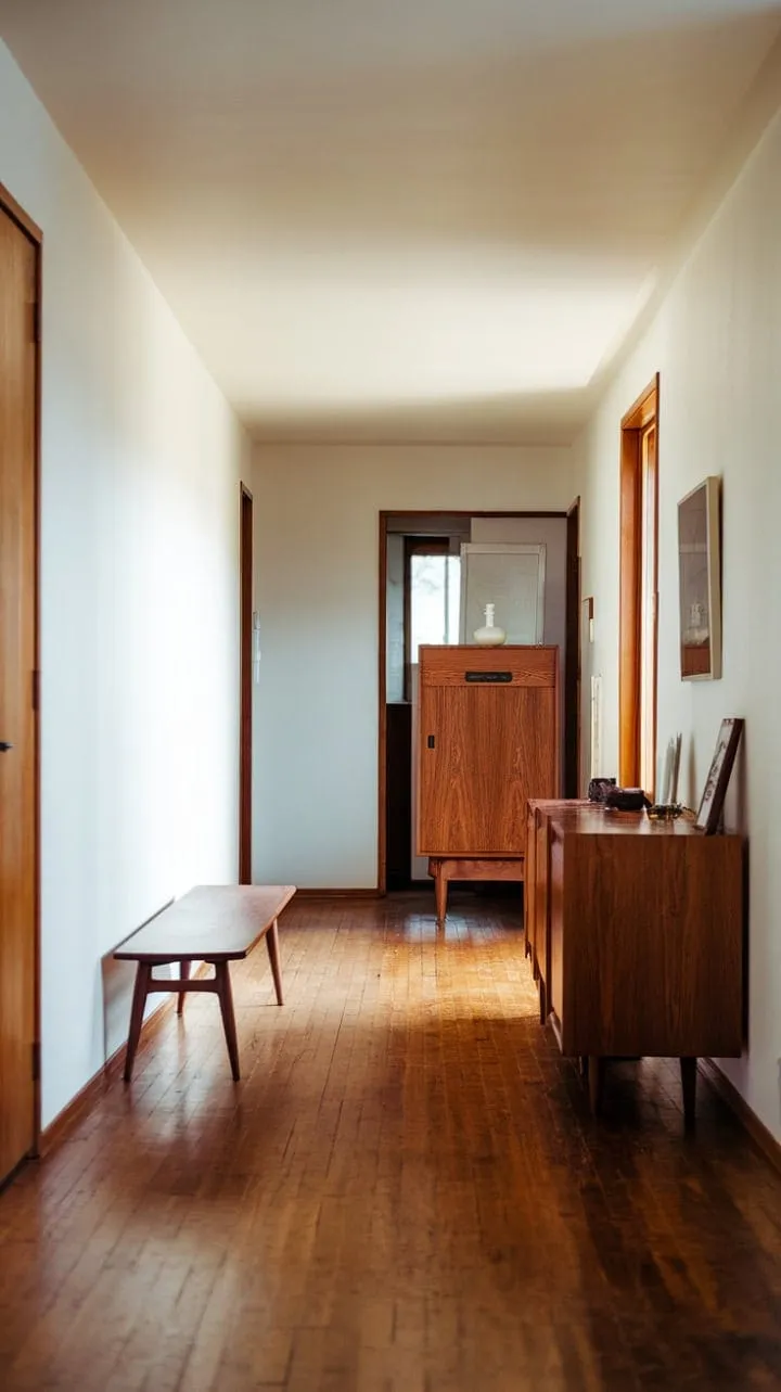 Sunlight bathes a mid-century modern hallway in warmth, where clean lines and natural materials evoke a serene elegance reminiscent of sophisticated living from a bygone era.