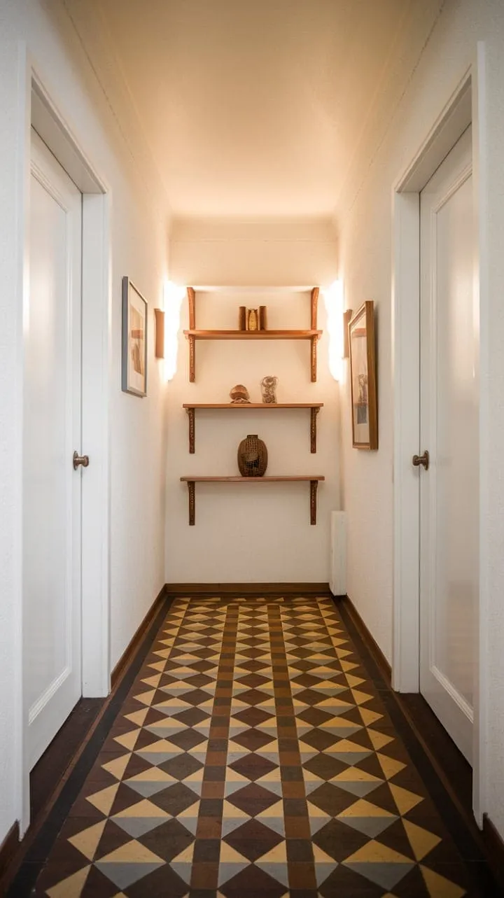 This mid-century modern hallway, with its geometric lines and warm light, elegantly marries form and function in a serene, timeless design.