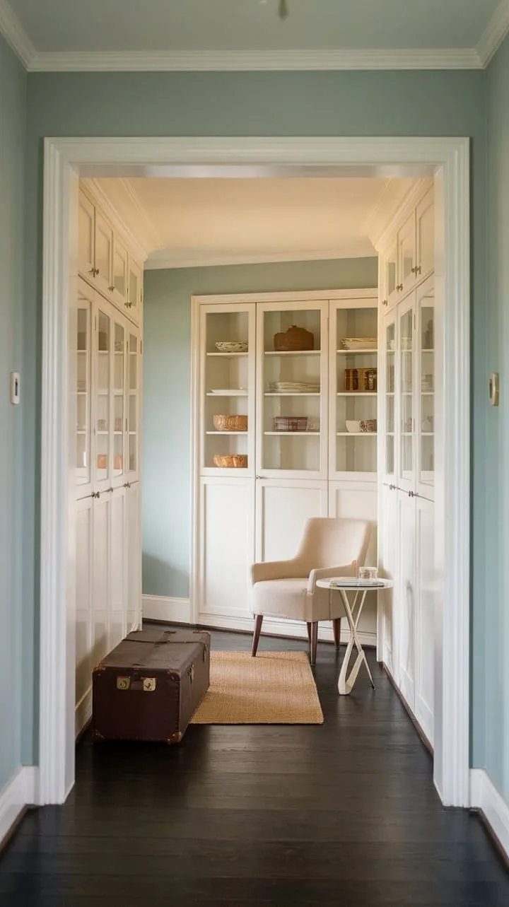 In this charming hallway, a beige chair and white table beckon for quiet reflection amidst vintage accents and a soothing color palette.