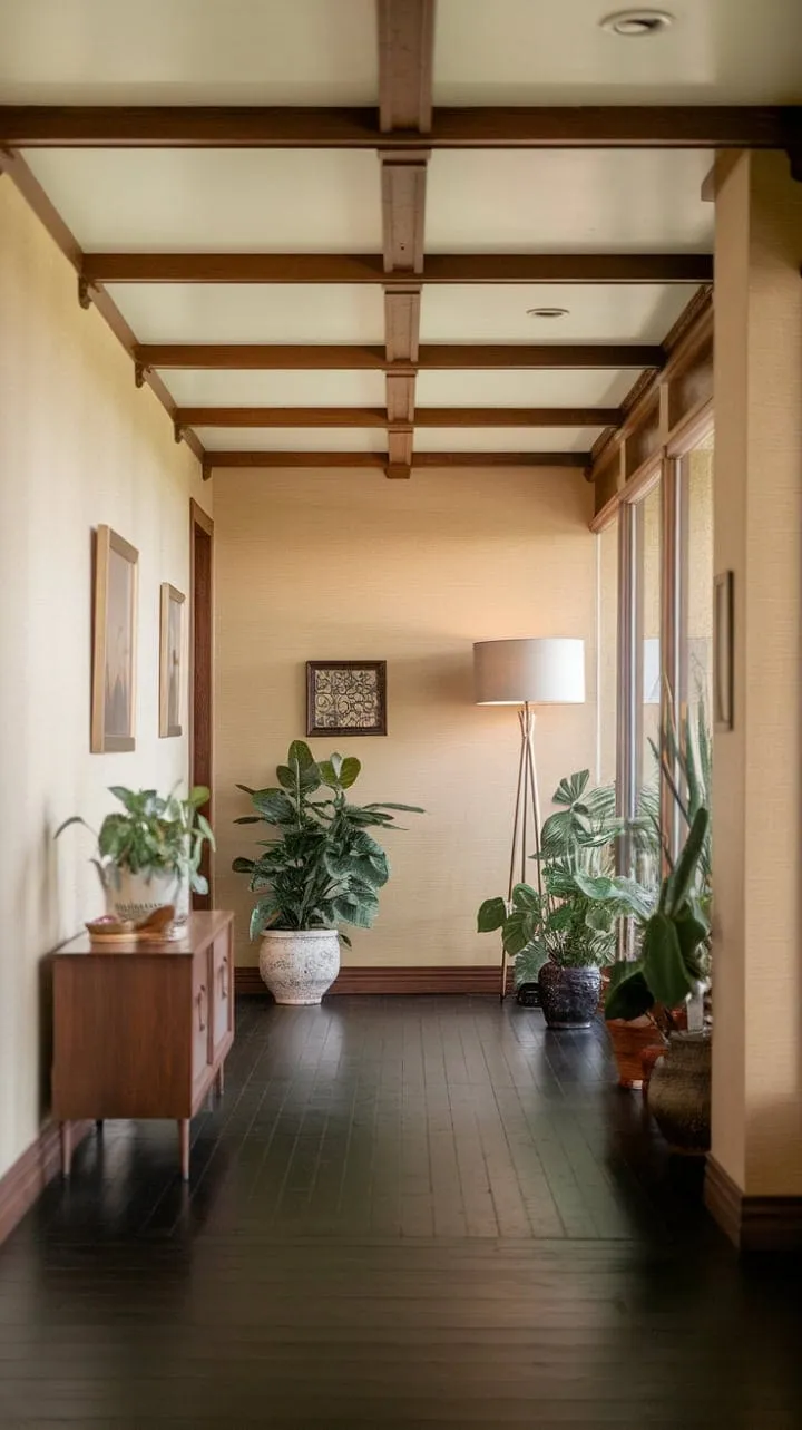 Bathed in sunlight, this mid-century modern hallway harmoniously blends rich wood tones and organic accents, whispering tales of timeless elegance.
