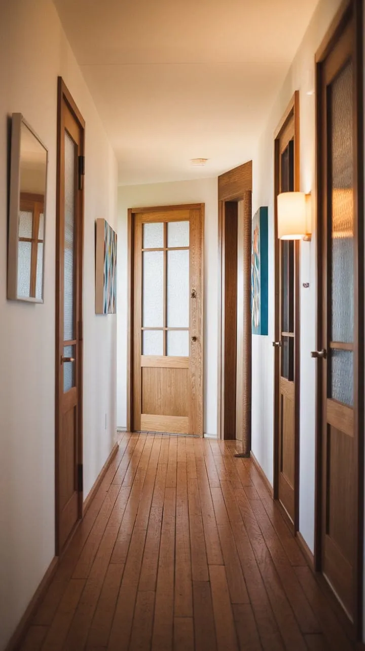 This hallway encapsulates mid-century design, where rich wood tones and clean lines harmonize in a serene celebration of simple elegance and enduring style.