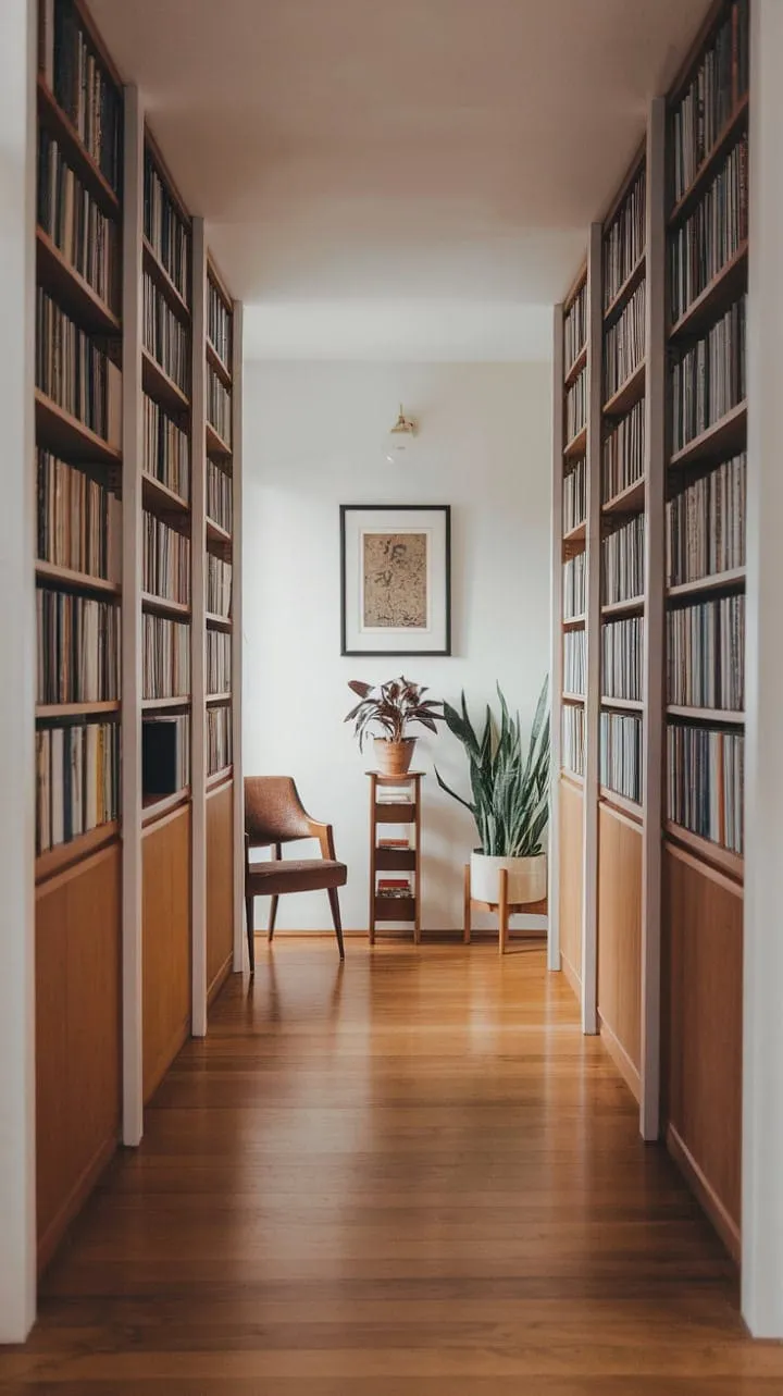 Bathed in sunlight, this mid-century modern hallway harmoniously blends rich hardwood, towering bookshelves, and lush greenery, creating a serene sanctuary that celebrates thoughtful design and the wisdom of countless stories.