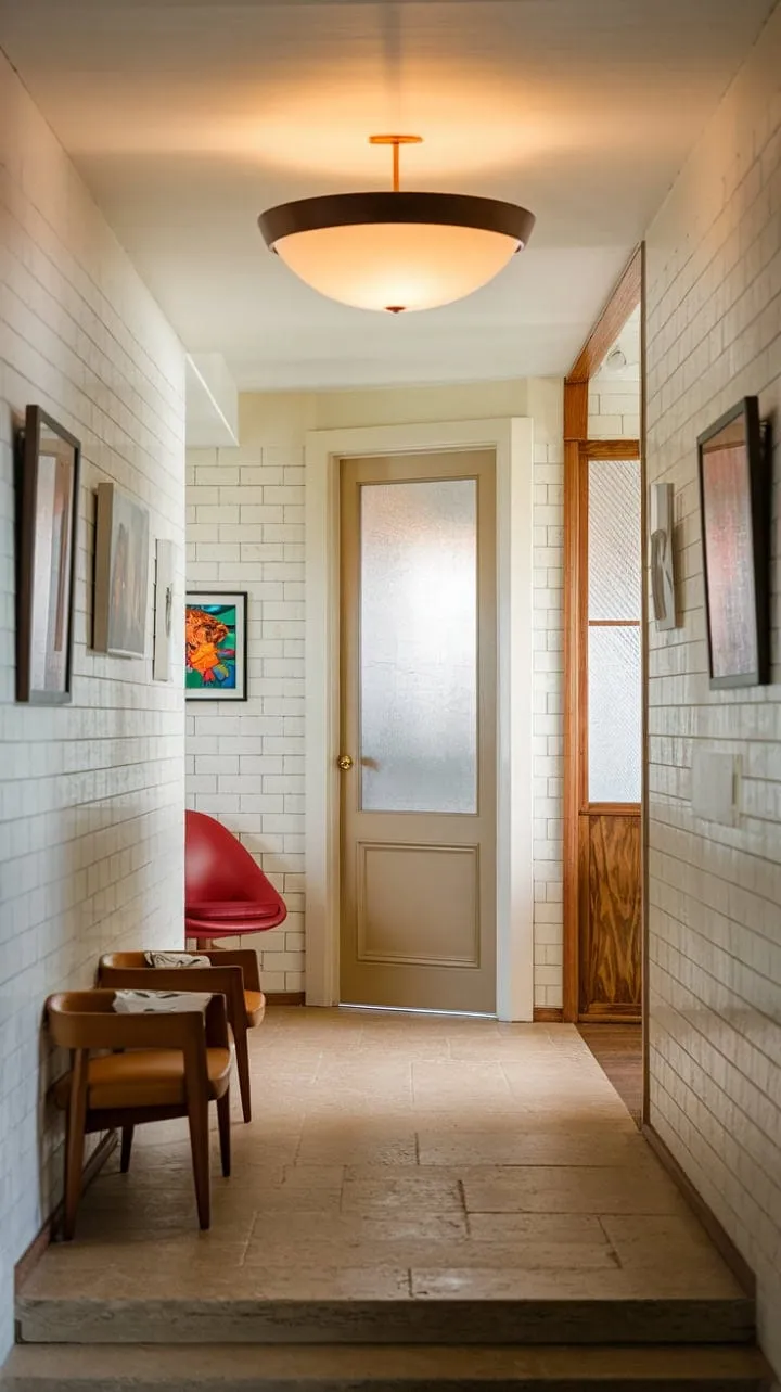 Sunlight dances through a frosted glass door, highlighting the serene elegance of a mid-century modern hallway adorned with warm tiles, a bold red chair, and curated art.
