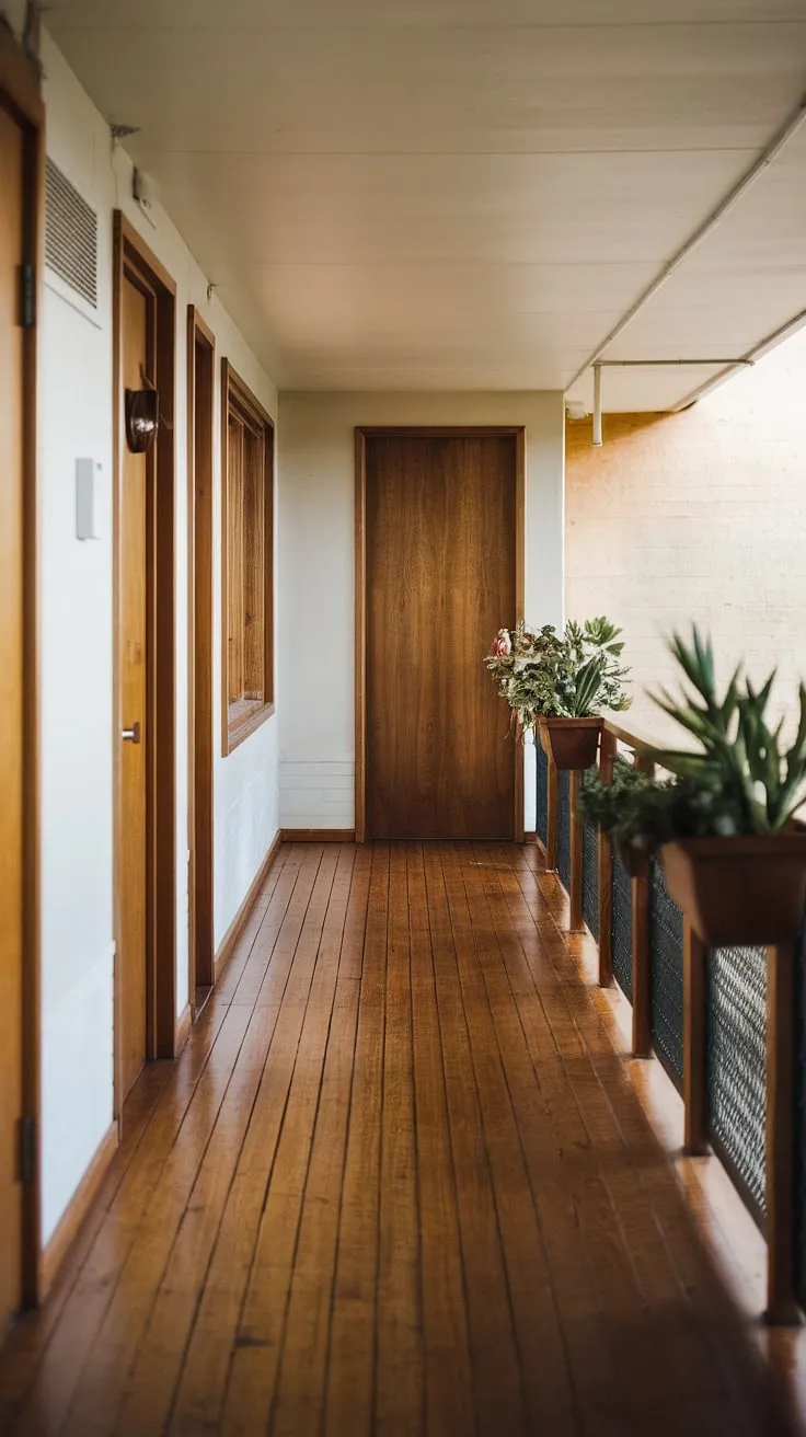 Soft light spills across the polished wood floor, illuminating the mid-century modern lines of this hallway. The simple elegance of the design, punctuated by the greenery and the warm glow filtering through the window, creates a sense of calm and understated sophistication. A perfect blend of form and function, this space embodies timeless design.