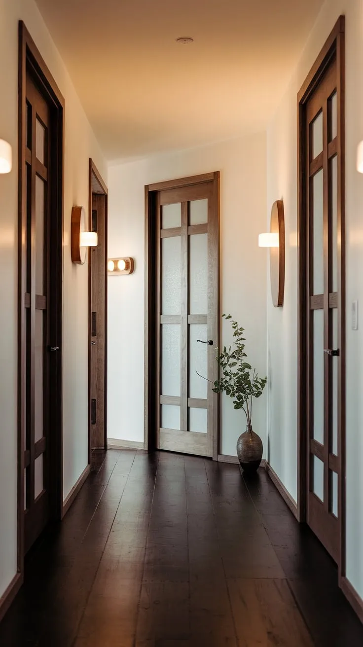 Step back in time and experience the understated elegance of this mid-century modern hallway. The rich dark wood floors, crisp white walls, and uniquely designed doors create a captivating atmosphere, perfectly complemented by the subtle presence of a potted plant. A testament to timeless design.