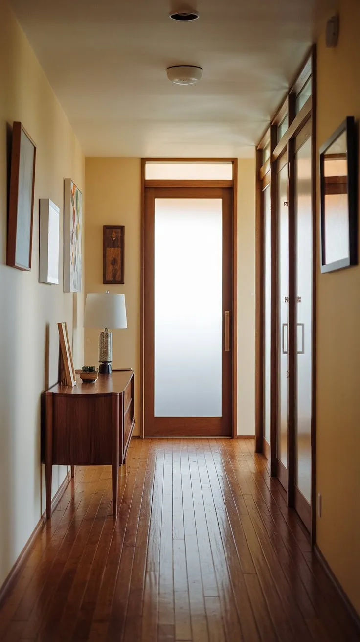 A curated collection of moments hangs on the wall, illuminated by the soft light filtering through the frosted glass. The simple lines of the console table and the rich texture of the wooden floor create a sophisticated yet inviting hallway, a testament to timeless design. A haven of calm amidst the everyday.