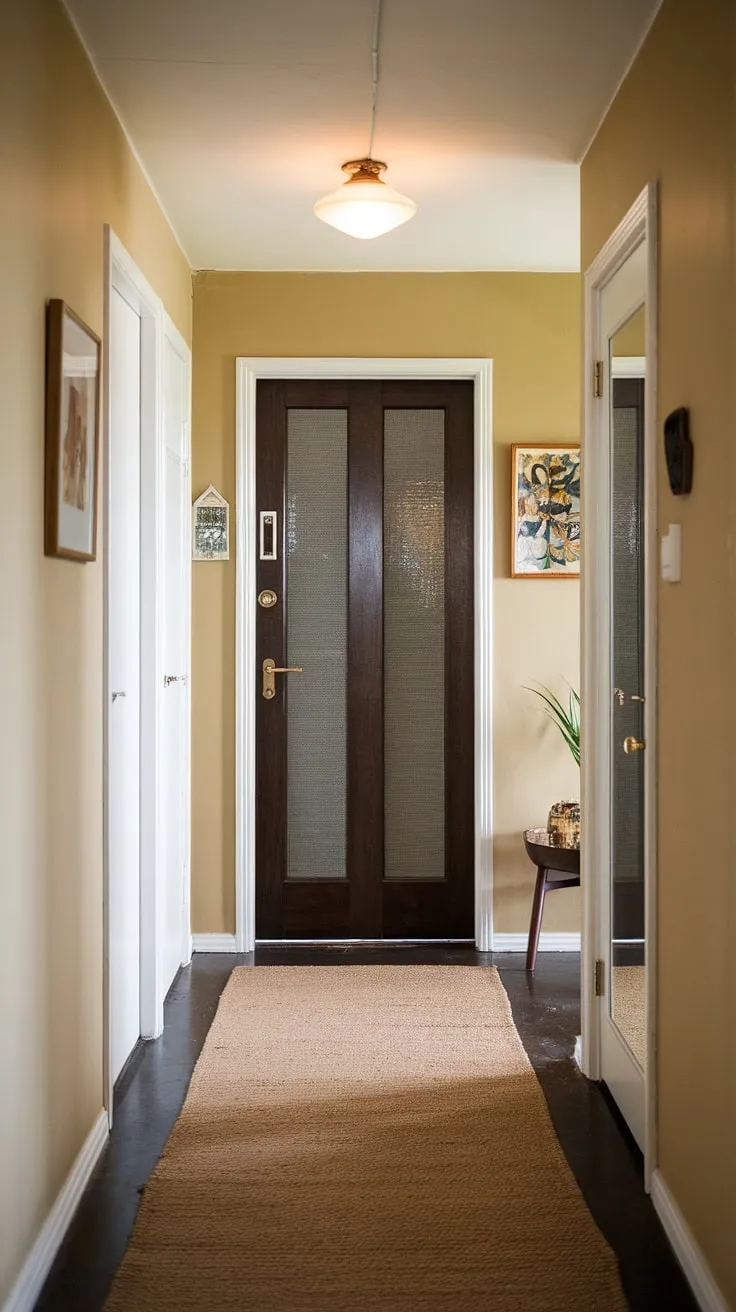 The soft beige walls and plush rug create a calming atmosphere in this mid-century modern hallway, where the contrast of a dark brown door and a crisp white door adds a touch of sophisticated drama. A simple pendant light completes the scene, illuminating the space with understated elegance.