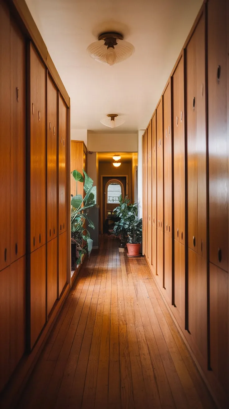 Warm light spills across the polished wood floors of this mid-century modern hallway, the rich tones of the cabinetry creating a sense of calm and understated elegance. A few strategically placed potted plants add a touch of life to this timeless space.