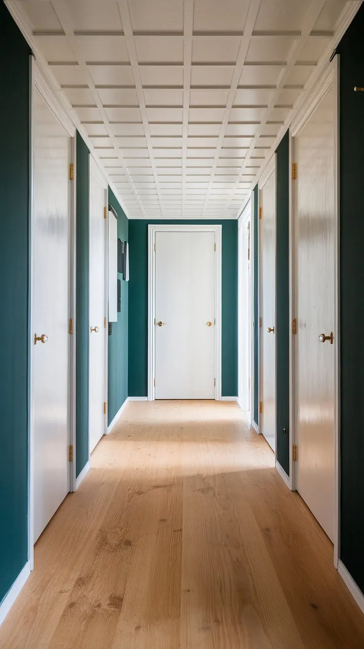 A symphony of textures and tones. The contrast between the dark green wall and light wood floors is striking, while the gold hardware on the white doors adds a touch of luxury. The unique ceiling design elevates the space, creating a hallway that's both functional and visually captivating.