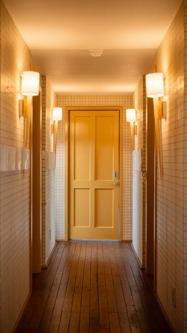 Stepping into this mid-century dream: a hallway bathed in warm light, showcasing the beauty of simple design. The sunny yellow door, flanked by elegant lamps, is a striking focal point against the neutral backdrop. A perfect blend of form and function.