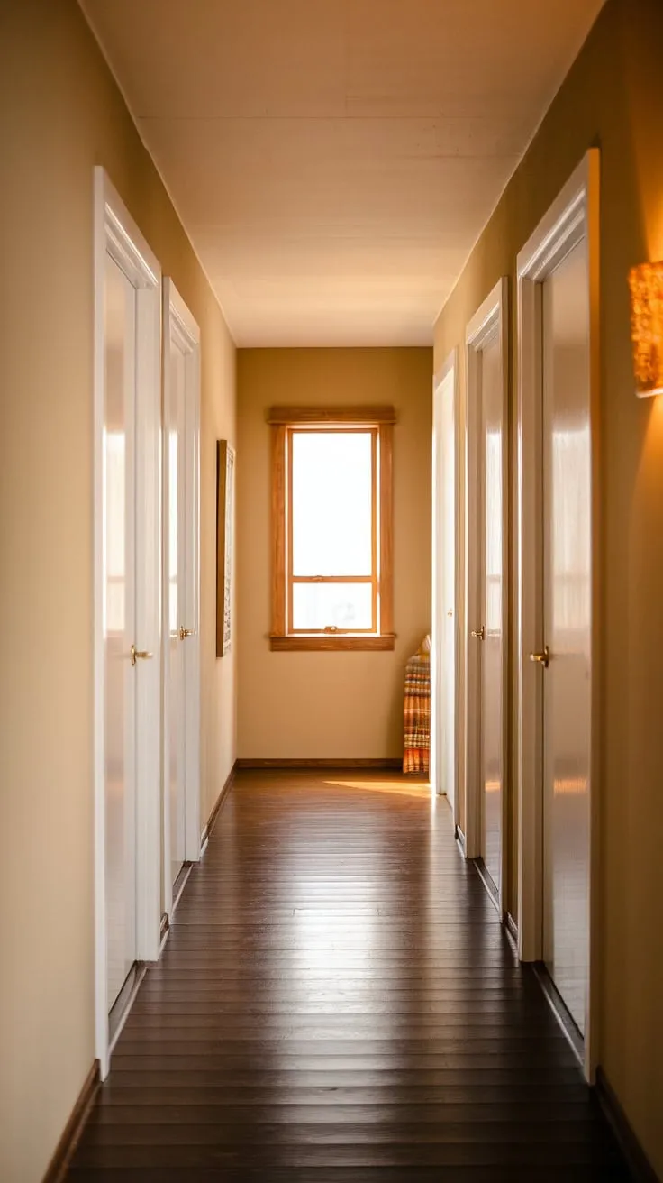 Warm light spills across the rich brown wood floor, illuminating the clean lines of this mid-century modern hallway. The simple elegance of the white doors and the inviting window at the end create a sense of calm and understated sophistication. A timeless design, perfectly balanced.