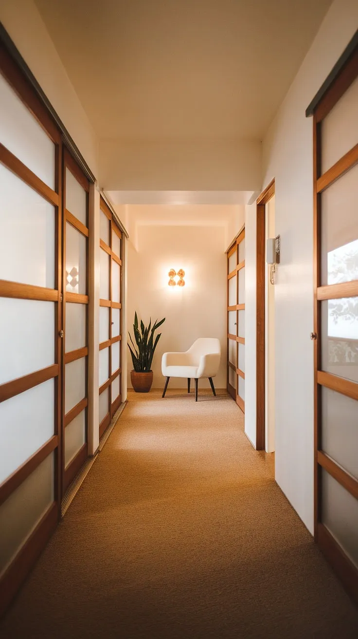 Warm light spills across the beige carpet, illuminating the clean lines of this mid-century modern hallway. The frosted glass doors, white walls, and simple elegance create a tranquil atmosphere, perfectly complemented by the potted plant and a waiting chair. A timeless design, A sanctuary of calm.