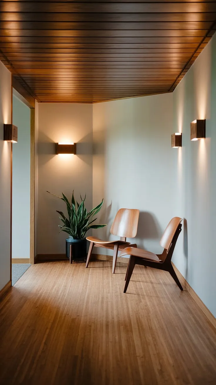 The warm glow of the setting sun illuminates this mid-century modern hallway, its light grey walls and wood paneling creating a serene atmosphere. Two simple wooden chairs sit quietly, awaiting the day's end, a potted plant adding a touch of life to the space. A perfect example of understated elegance.