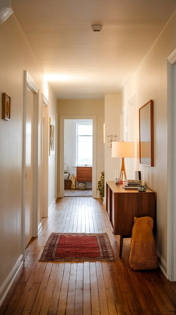 Warm light spills across the polished wood floors of this mid-century modern hallway, illuminating the simple elegance of the space. A vintage wooden cabinet, adorned with a few carefully chosen items, anchors one end, while a soft rug invites the feet to pause and appreciate the understated beauty. The overall effect is one of calm and considered design, a testament to the enduring appeal of classic style.