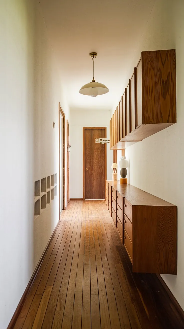 The warm glow of the pendant lamp illuminates the clean lines of this mid-century modern hallway, its simple wooden cabinets and textured floor a testament to timeless design. The subtle architectural details, including the small square cutouts in the wall, add a touch of understated elegance. A perfect blend of form and function.