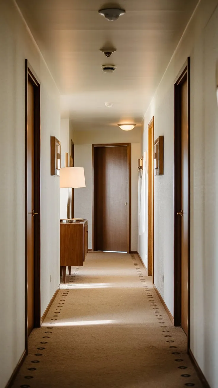 The subtle elegance of mid-century modern design is perfectly captured in this hallway. Note the thoughtful placement of the wall lamp, illuminating the textured carpet and creating a warm, inviting atmosphere. A timeless aesthetic, effortlessly chic.