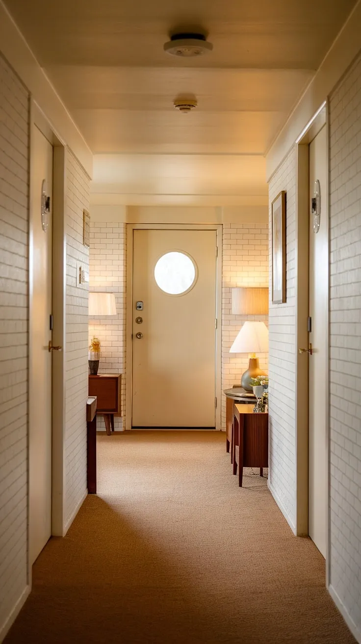 Stepping into a time capsule of understated elegance. This mid-century modern hallway, with its soft lighting and carefully chosen furniture, whispers stories of a bygone era. The simple design speaks volumes.