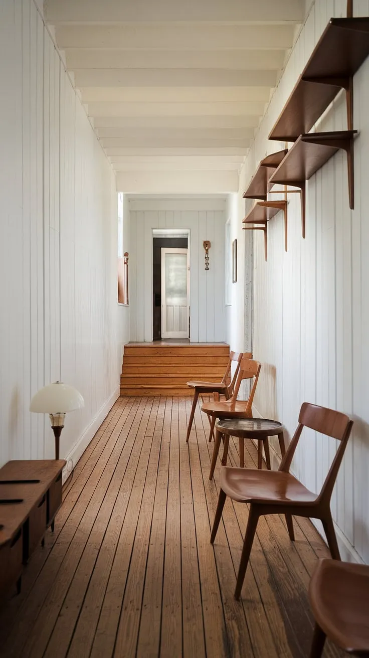 The warm glow of the vintage lamp illuminates the mid-century modern hallway, its clean lines and simple wooden furniture creating a serene atmosphere. The wooden floors and white walls, accented by floating shelves, offer a timeless elegance. A quiet space for contemplation, this hallway whispers stories of a bygone era.