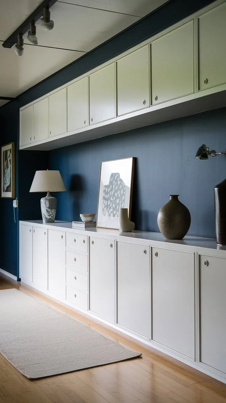 A study in contrasts: the rich, dark blue of the hallway walls is beautifully balanced by the crisp white of the built-in cabinets. Simple yet stylish, the carefully chosen accessories-a lamp, vase, and decorative object-add personality without overwhelming the space. The light wood floor and white rug complete the look, creating a mid-century modern haven that is both inviting and effortlessly cool.
