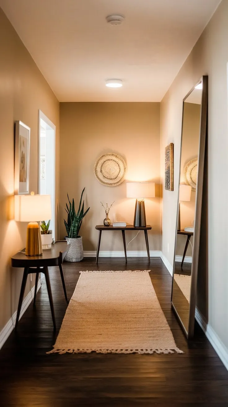 Warm light spills across the dark wood floor, illuminating the mid-century modern elegance of this hallway. A beige rug softens the space, while carefully chosen furniture – a lamp, small table, and large mirror – create a welcoming and stylish atmosphere. The overall effect is one of understated sophistication and calm.