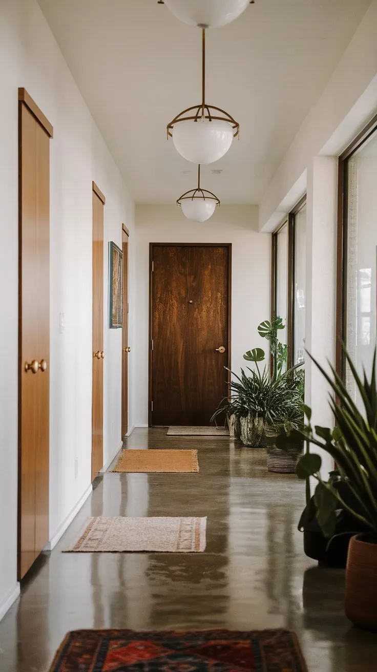 The clean lines of mid-century modern design are perfectly showcased in this hallway, where polished concrete floors meet crisp white walls and elegant gold accents. A curated collection of plants adds a touch of organic warmth, while the carefully chosen lighting fixtures cast a soft glow, creating a space that is both stylish and inviting. A sense of calm and understated sophistication pervades the entire area.