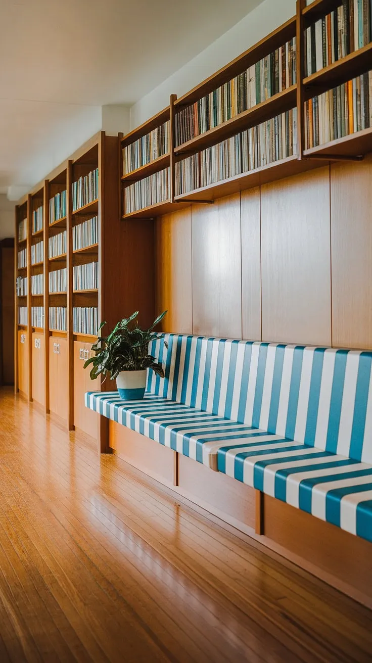 Sunlight streams through the windows of this mid-century modern hallway, illuminating the built-in bookcase brimming with stories and the inviting blue and white striped bench, perfect for a quiet moment with a good book and a potted plant. A sense of calm and timeless style permeates the space.