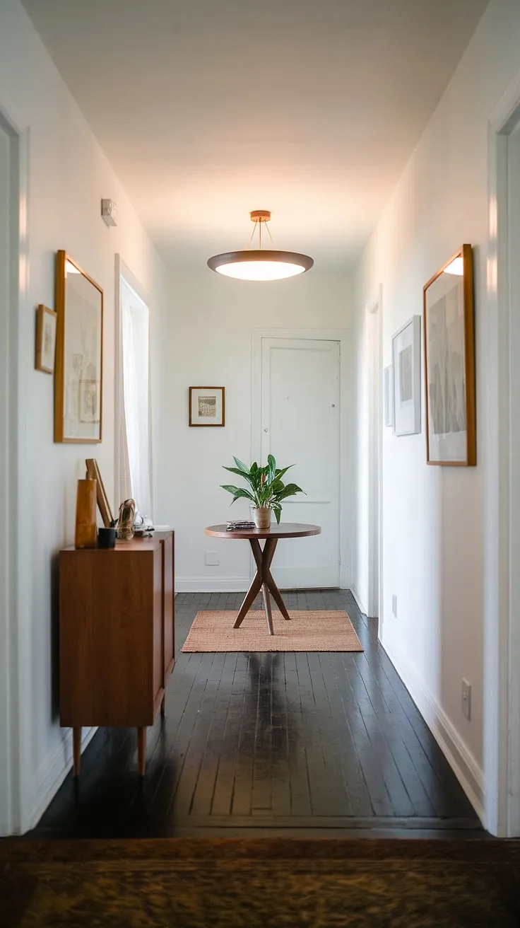 The mid-century modern aesthetic shines in this hallway: clean lines, dark wood floors, and a touch of nature with the potted plant on the round table. A sense of calm pervades the space, enhanced by the warm glow of the pendant light and the carefully curated pieces. A perfect blend of form and function.