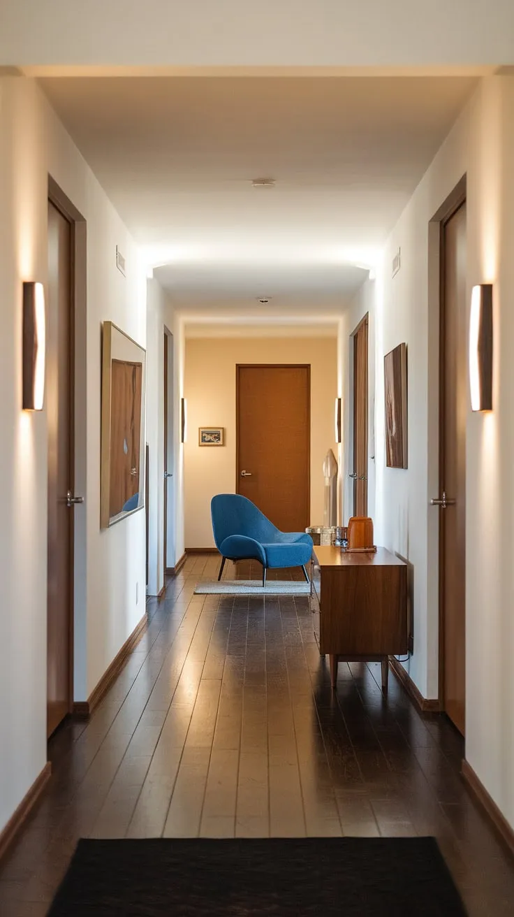 A timeless elegance pervades this mid-century modern hallway. The clean lines, the warm lighting, and the carefully chosen pieces-from the vibrant blue chair to the sleek wooden cabinet-all contribute to an atmosphere of understated sophistication. A true testament to classic design.