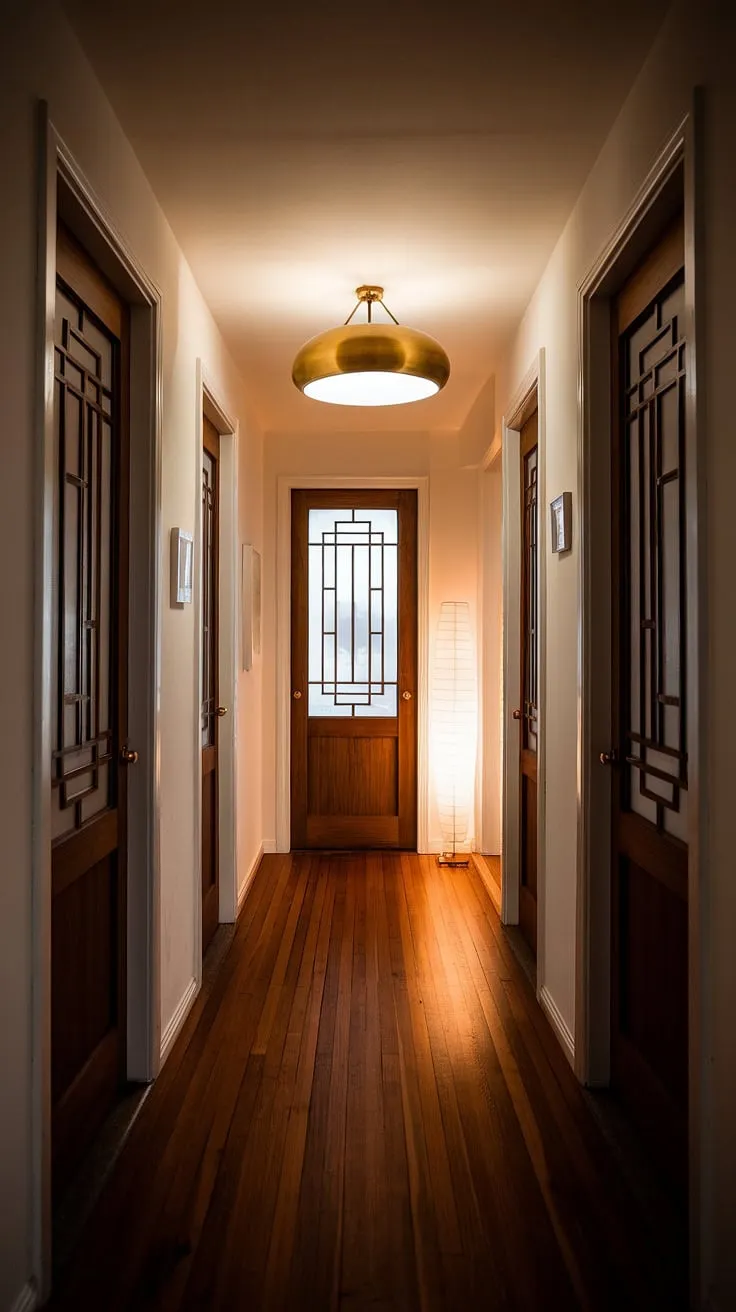 A symphony of shapes and shadows plays out in this mid-century hallway. The brass pendant light acts as a focal point, drawing the eye down the corridor of distinctive doors, each a miniature work of art. The warm light and wooden floor create a sense of calm and understated elegance.