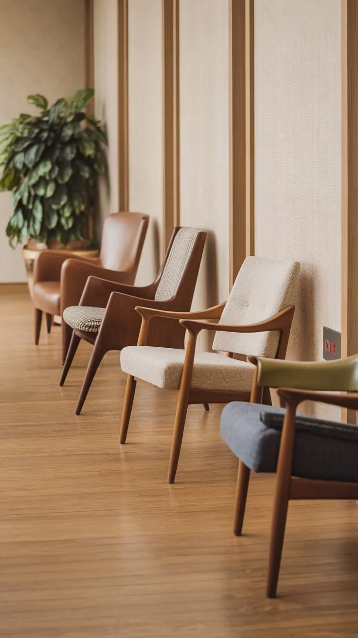 The gentle curve of the hallway, the warm glow of the wood floors, and the quiet comfort of the waiting chairs-a mid-century modern dream realized. A sense of calm pervades this space, a testament to thoughtful design and understated elegance. A perfect spot for quiet contemplation.