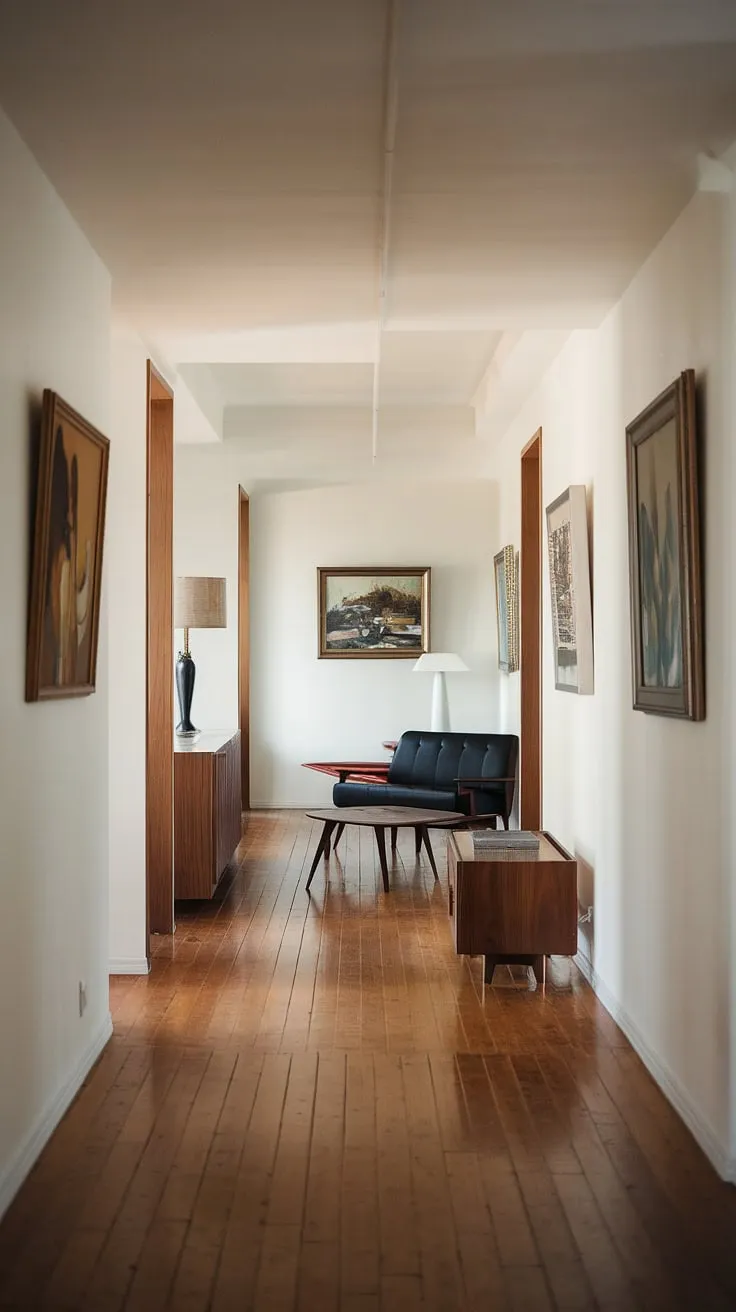 The muted palette of this mid-century modern hallway, with its white walls and dark wood accents, creates a sophisticated atmosphere. A few carefully chosen pieces of furniture, including a sleek black sofa and a simple coffee table, add warmth and personality without overwhelming the space. A quiet sanctuary, this hallway invites contemplation and a moment of peaceful transition.
