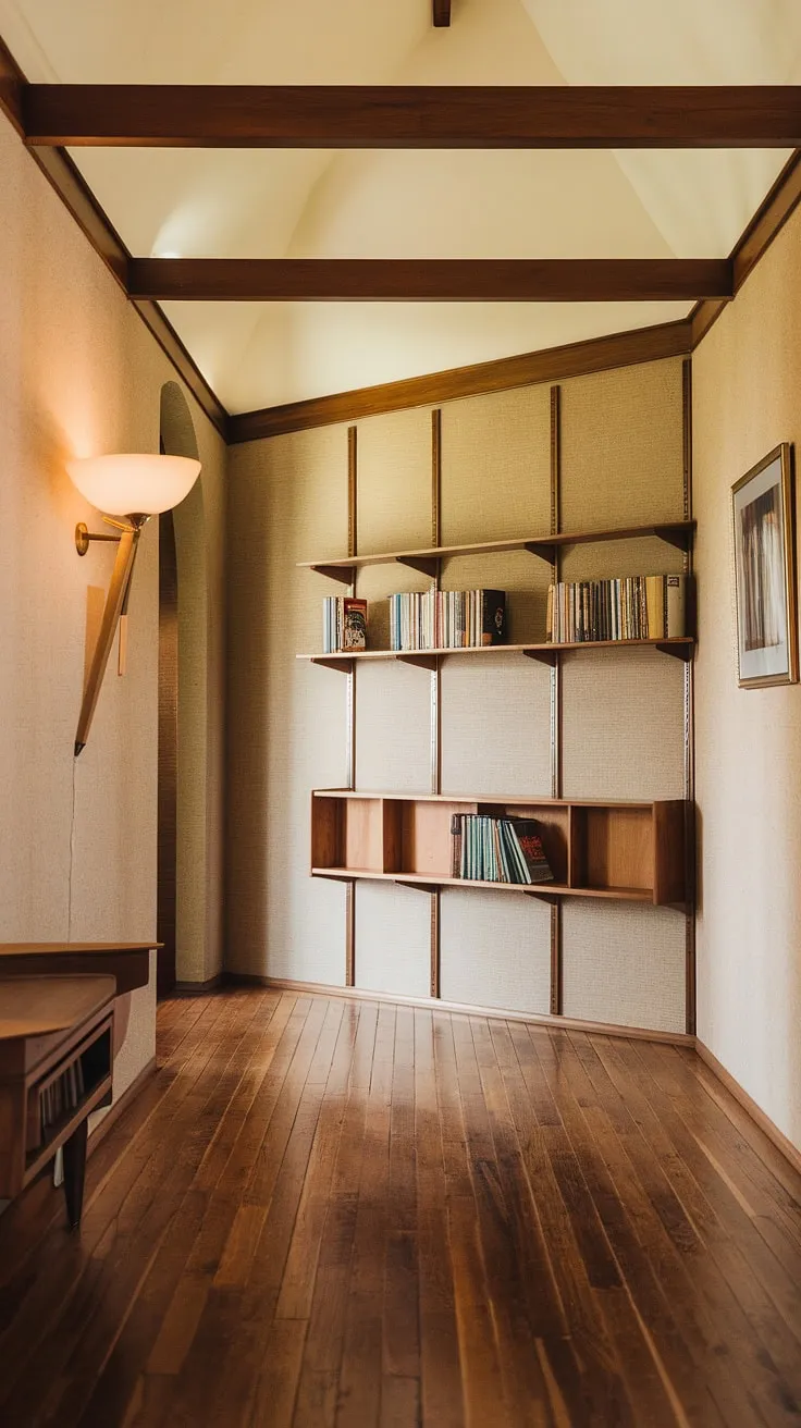 The warm glow of the lamp casts a comforting light on the mid-century modern hallway, its wooden floors and exposed beams whispering tales of a bygone era. The carefully curated bookshelves, a testament to a life well-lived, add a touch of intellectual warmth to this inviting space. A perfect blend of simplicity and sophistication.