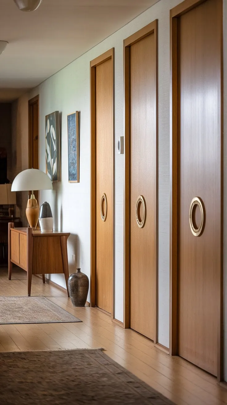 A timeless hallway, bathed in soft light. The clean lines and natural materials of this mid-century modern space invite relaxation and contemplation. A simple elegance is achieved through thoughtful design, showcasing the beauty of understated luxury and functional artistry. A space where calm resides.