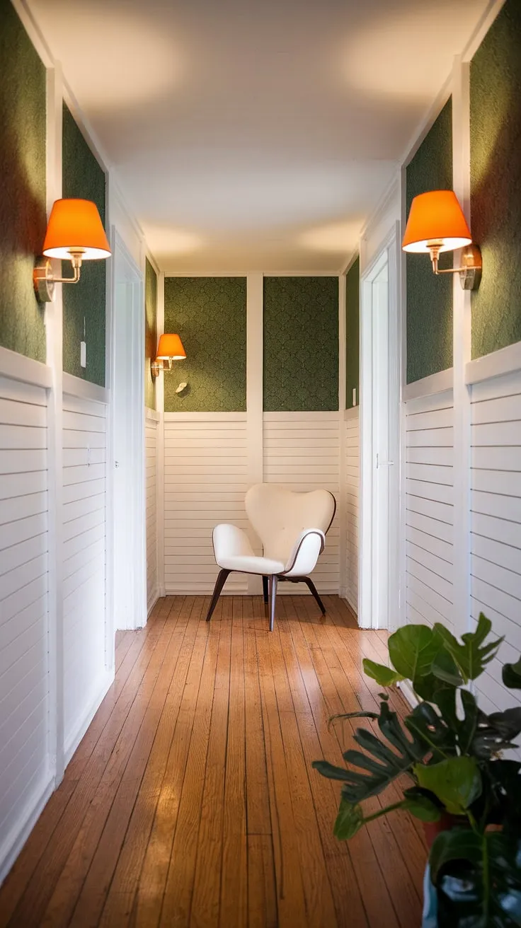 Step into a world of retro elegance. This hallway, with its rich wood floors, playful green and white paneling, and a thoughtfully chosen details like the curved chair and vibrant potted plant, is a testament to the enduring appeal of mid-century design. The soft orange lamplight adds a touch of warmth, making this space feel both stylish and welcoming.