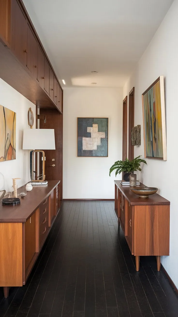 The quiet sophistication of this mid-century modern hallway is immediately apparent. Dark wood floors and white walls create a neutral backdrop for carefully chosen artwork and functional wooden cabinetry. A few well-placed objects-a lamp, a bowl, a plant-add warmth and personality without disrupting the overall sense of serenity. This is a space designed for contemplation and peaceful transition.