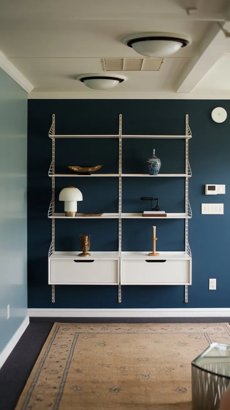 Stepping into this mid-century modern hallway feels like stepping into a curated moment in time. The deep blue walls, accented by crisp white shelving and carefully chosen objects, create a sense of calm sophistication. A perfect blend of form and function, this space effortlessly balances style and practicality.