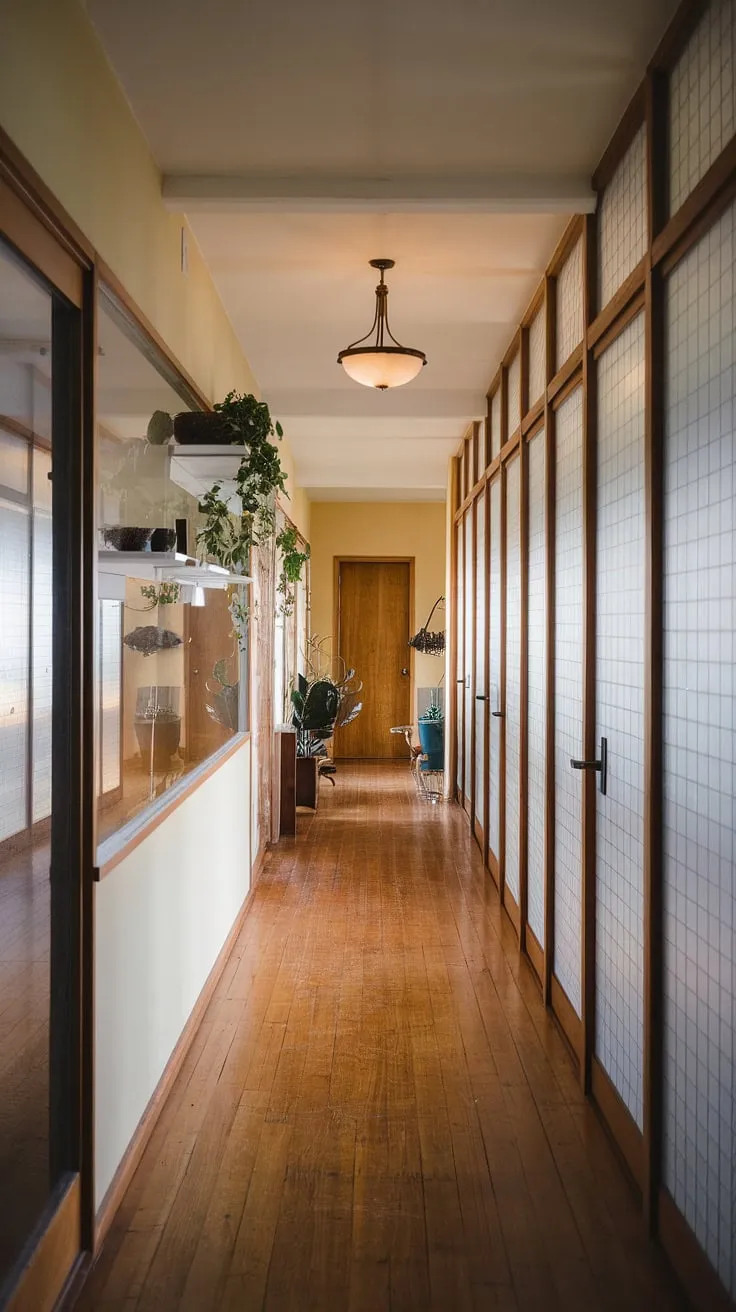 This mid-century modern hallway is a study in understated elegance. The contrast between the solid wood doors and the expansive glass wall, framed in wood, is striking. A few carefully placed plants and simple furniture complete the look, creating a space that is both functional and aesthetically pleasing. A testament to the enduring appeal of classic design.
