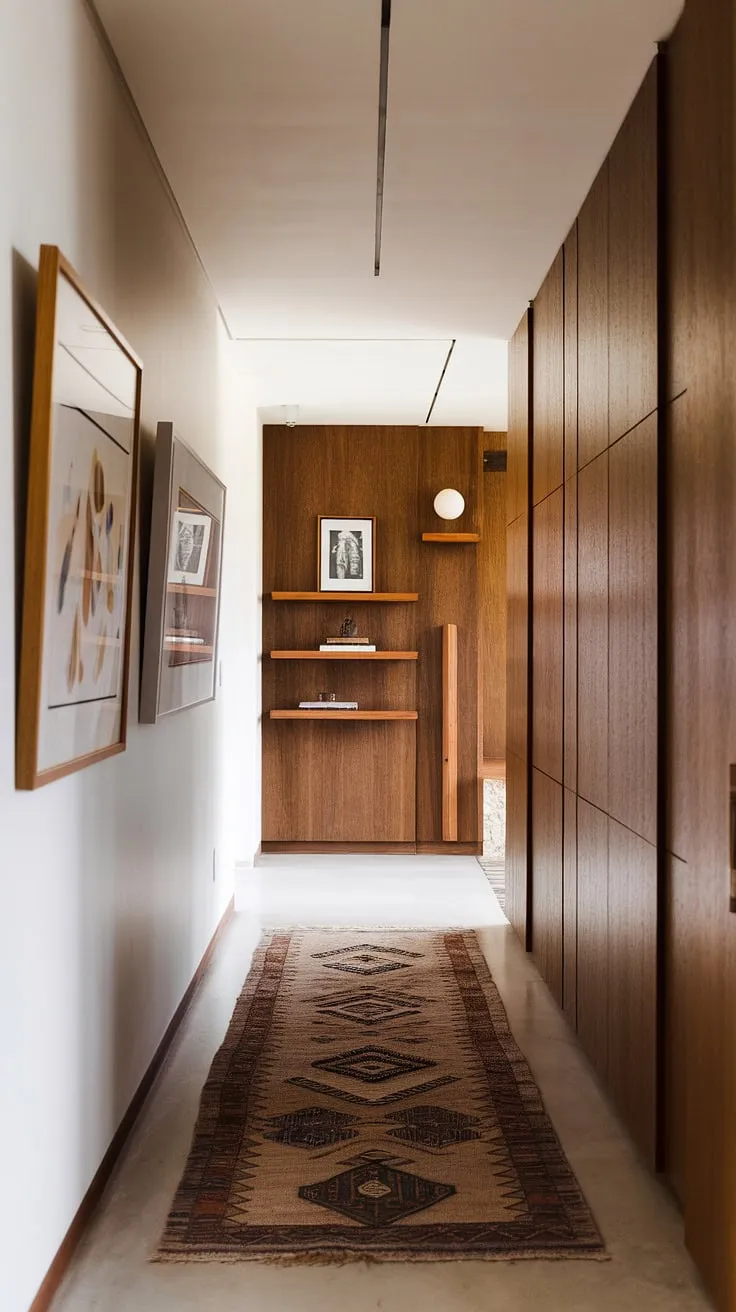 A serene hallway, bathed in soft light, exemplifies mid-century modern elegance. The contrast between the white walls and the warm wood of the built-in shelves is striking. A few carefully chosen artworks add personality, while the rug grounds the space, creating a welcoming atmosphere. A true sanctuary of understated sophistication.